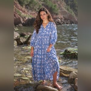 House Of Sundar Maya Midi Dress Blue Iris Boho‎ Relaxed Wide Sleeve Women's 3XL